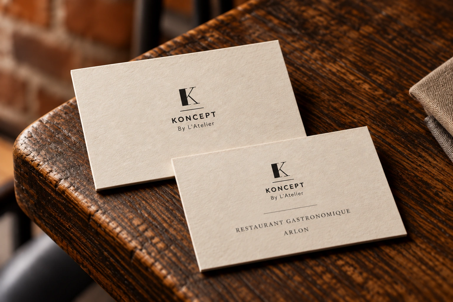 Cartes de visite KONCEPT sur papier ivoire texturé, petit monogramme noir et signature By L’Atelier, déposées sur du bois patiné.