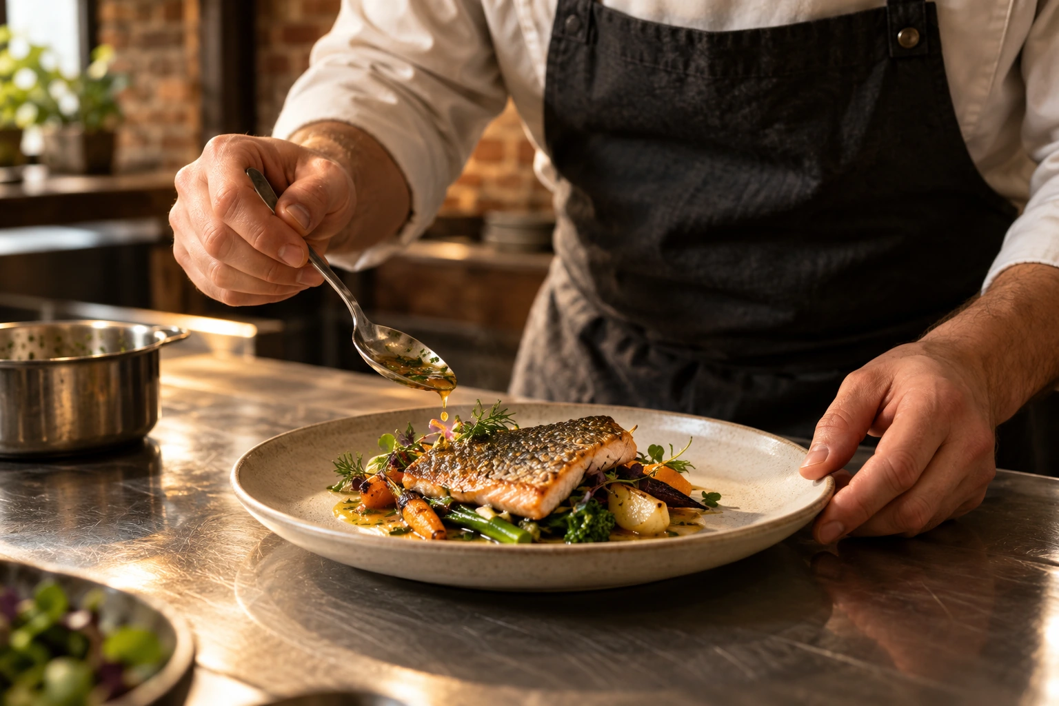 Un chef en tablier sombre dresse une assiette de poisson et légumes au passe.