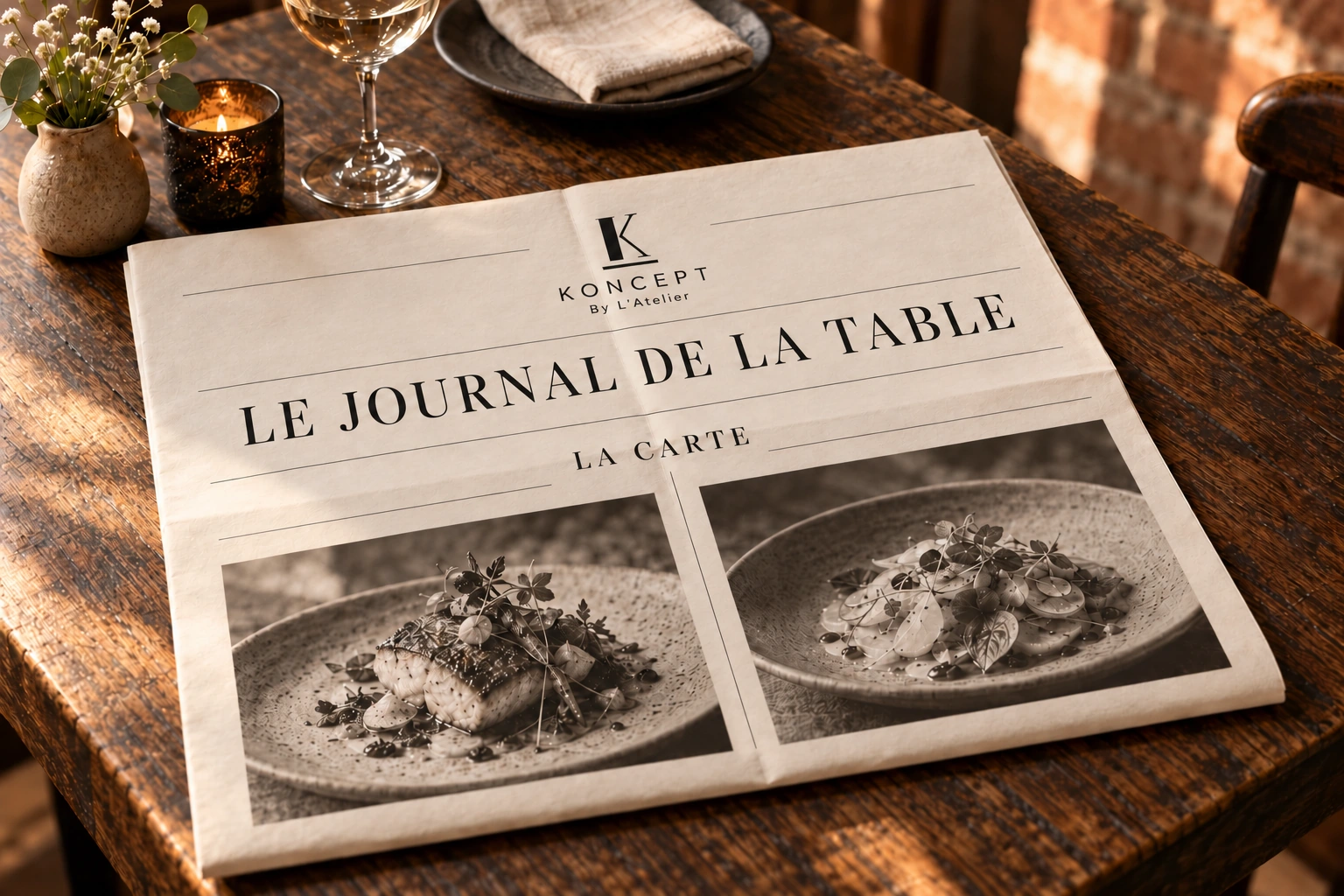 Le Journal de la table, menu KONCEPT sur papier ivoire : petit monogramme en signature, titre éditorial et photographies gastronomiques.