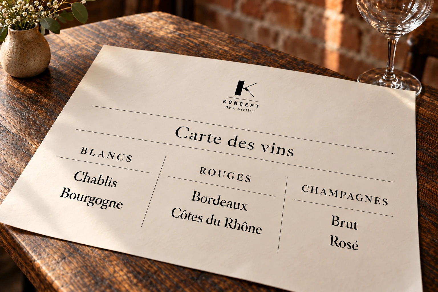 Carte des vins KONCEPT sur papier ivoire : petit monogramme en tête, puis trois colonnes pour les blancs, rouges et champagnes.