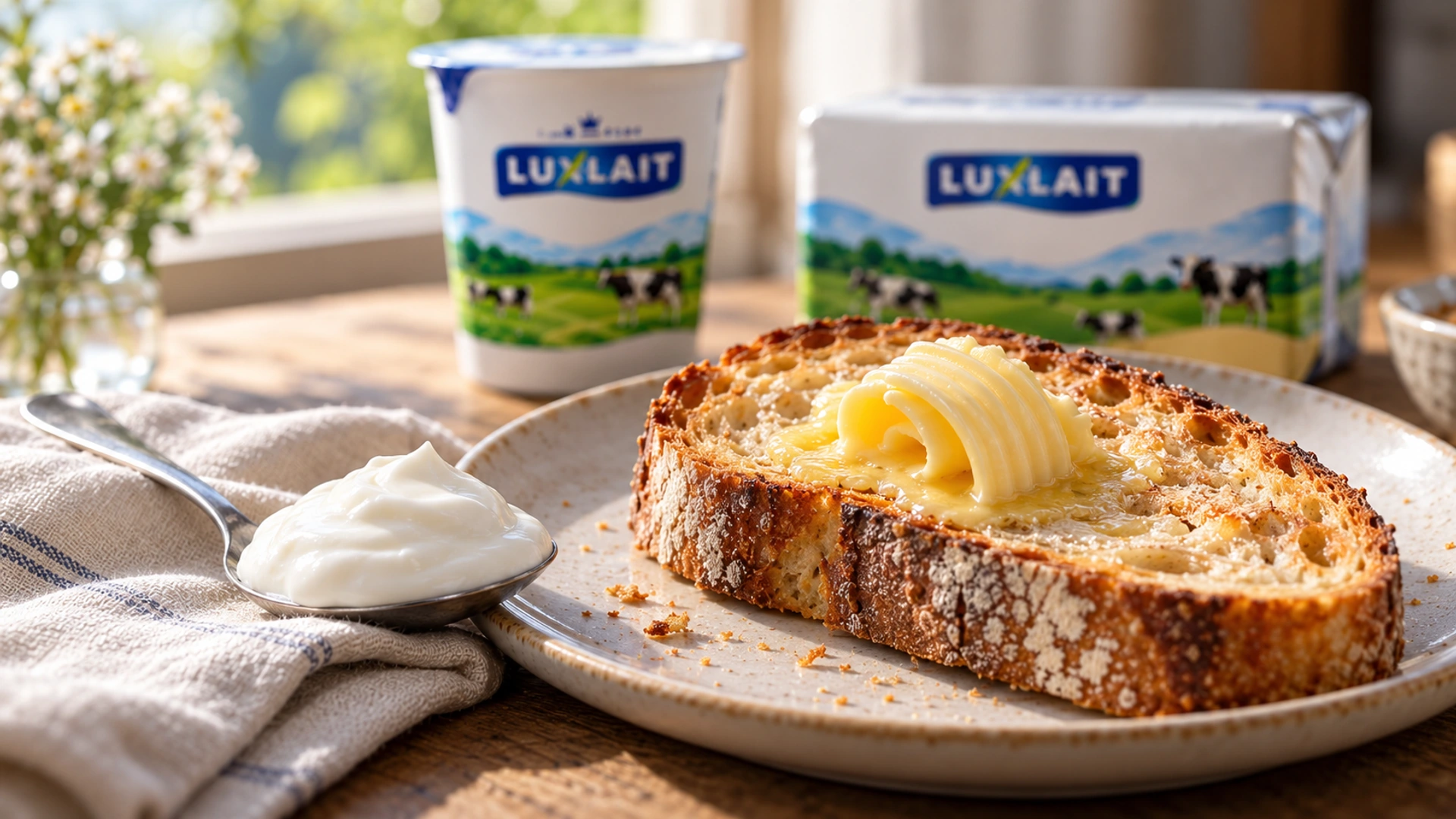 Tartine et beurre, yaourt et produits Luxlait en arrière-plan.