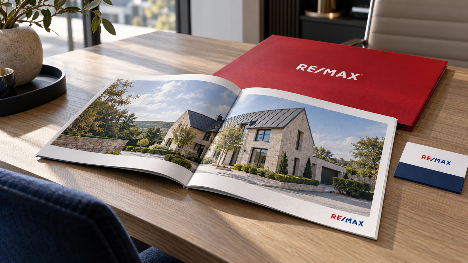 Brochure immobilière ouverte, pochette rouge RE/MAX et carte de visite.