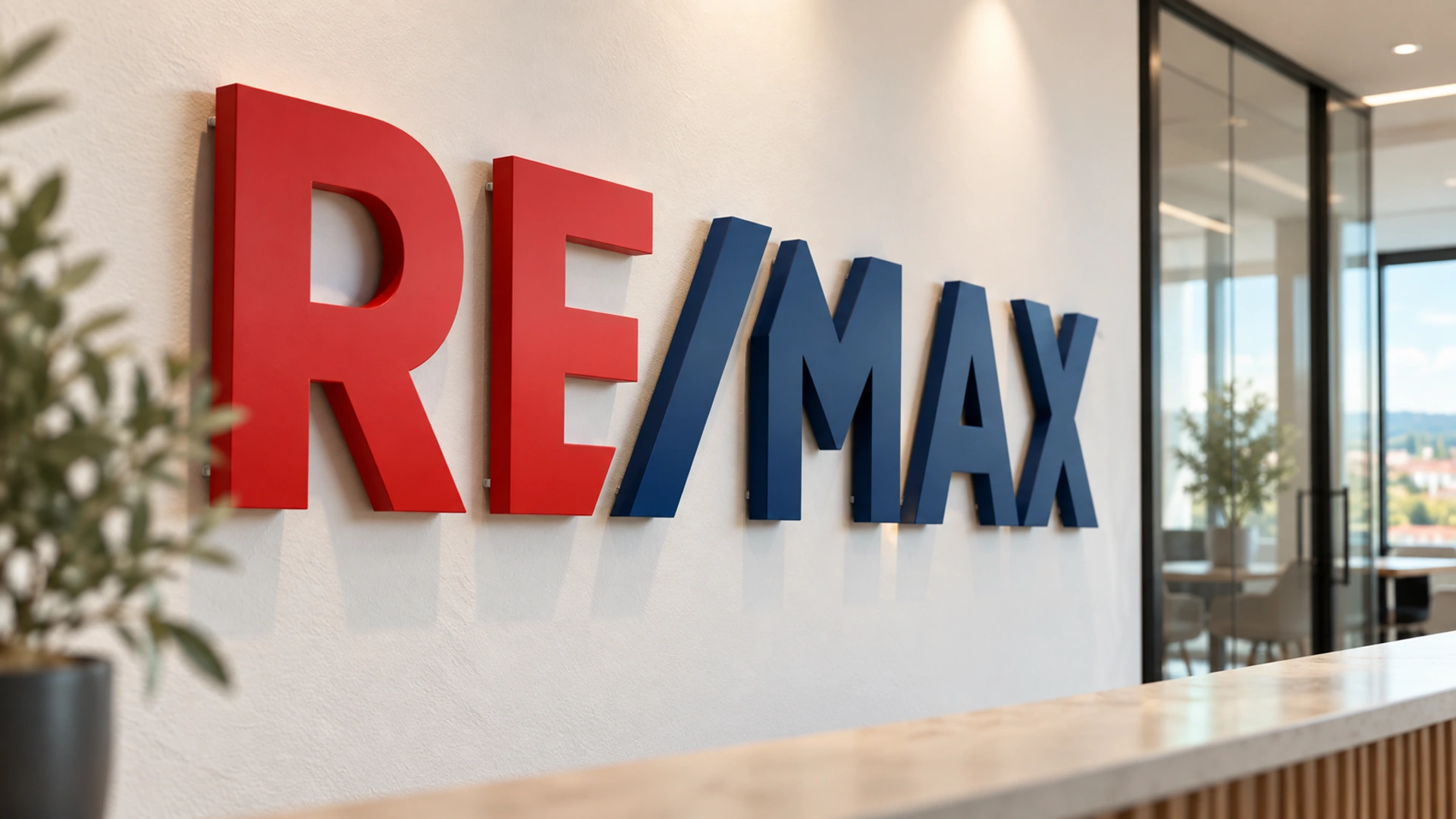 Lettrage RE/MAX rouge et bleu en relief, lumière naturelle et matériaux de réception.